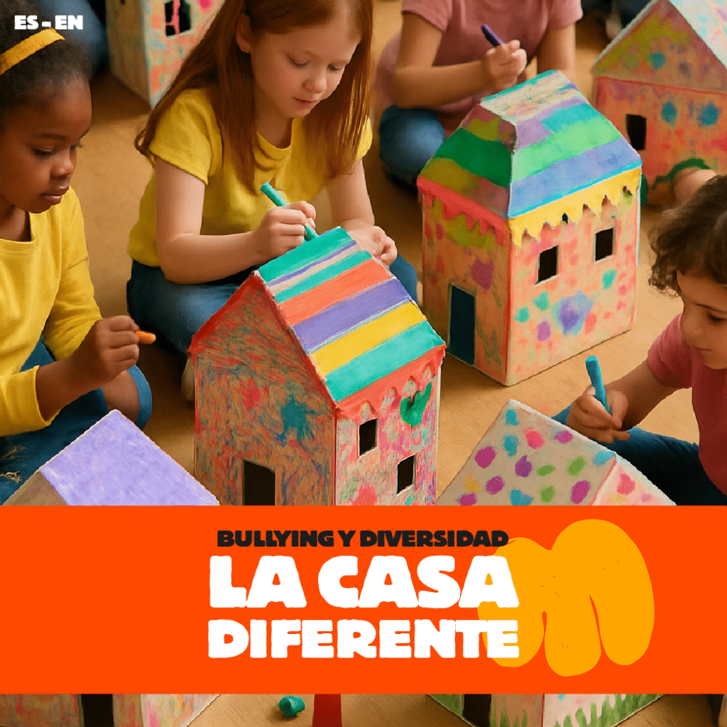 Casas decoradas con colores y texturas, representando la identidad interior de un niño, parte del taller sobre bullying y diversidad.