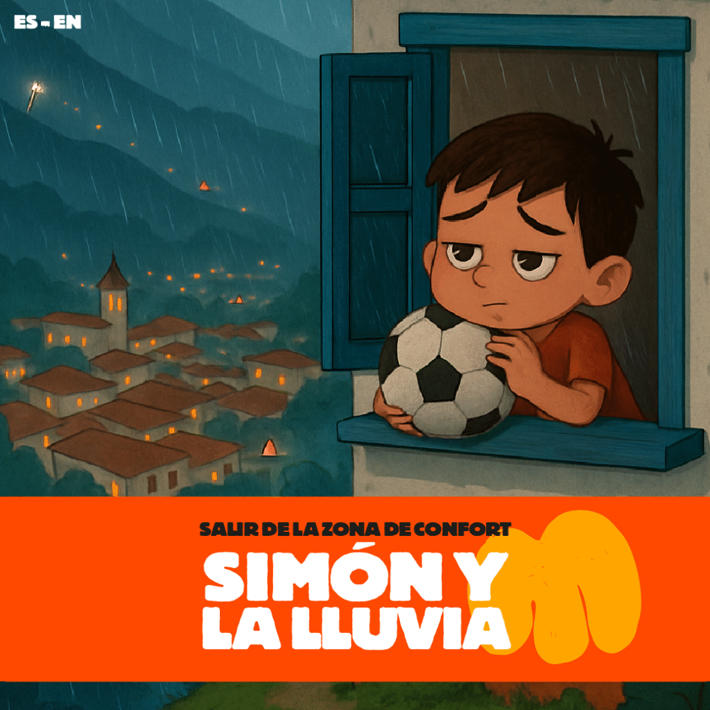 Niño escuchando la lectura del libro “Simón y la lluvia” durante el taller de OTRO Talleres, enfocado en salir de la zona de confort y enfrentar los miedos.